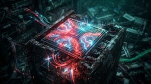 A glowing computer chip with red and blue lights sits atop a damaged circuit block, surrounded by tangled wires and broken electronics.