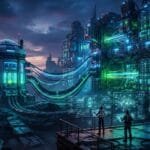 Futuristic scene with scientists analyzing data on transparent screens near large, glowing, high-tech machines connected by cables at sunset.