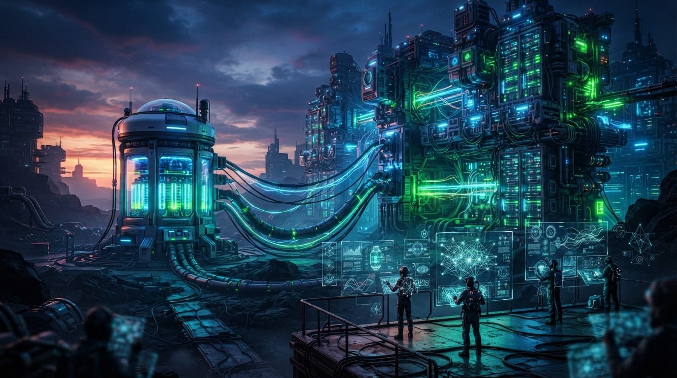 Futuristic scene with scientists analyzing data on transparent screens near large, glowing, high-tech machines connected by cables at sunset.