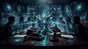 A group of people in suits sit around a table with law books and gavels, centered on a glowing AI device, surrounded by digital screens and data graphics.