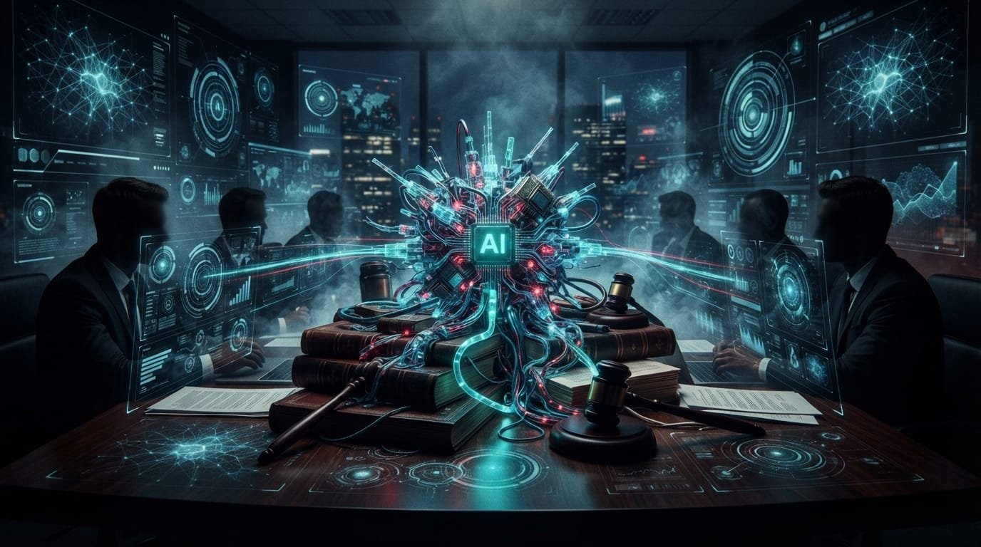 A group of people in suits sit around a table with law books and gavels, centered on a glowing AI device, surrounded by digital screens and data graphics.