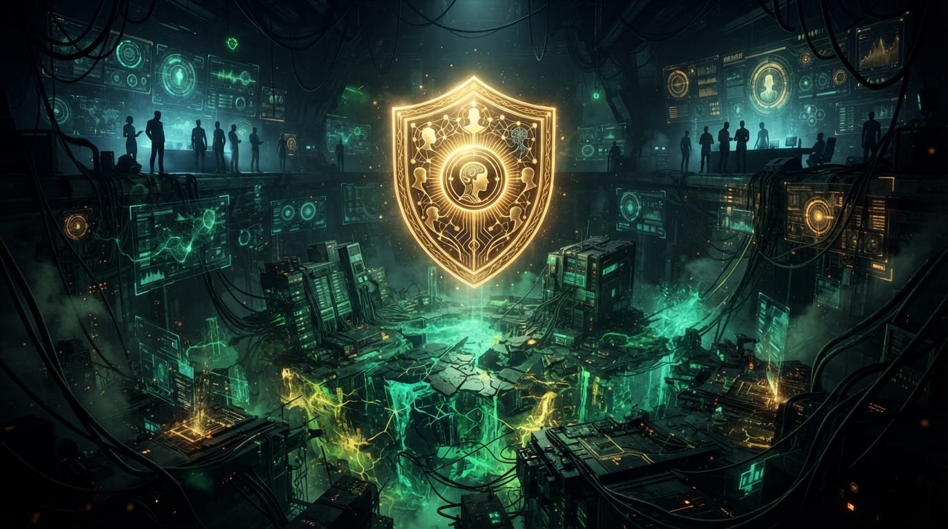 A glowing shield icon hovers over computer servers in a dark, high-tech room with figures and digital displays in the background.