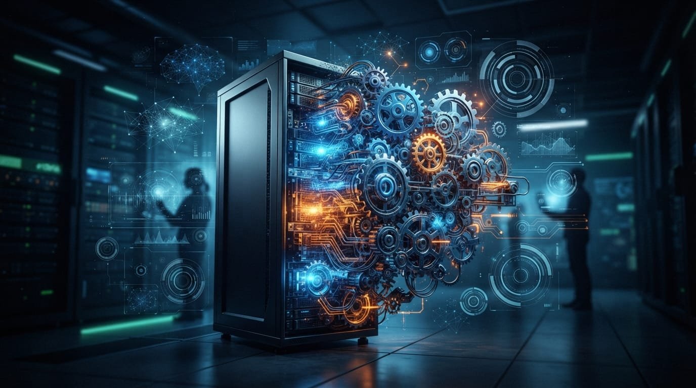 A server rack in a data center with illuminated gears and circuits, symbolizing technology and digital processing, with two people working in the background.
