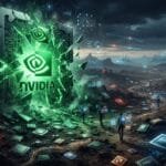 A large, glowing Nvidia logo shatters through a digital landscape filled with scattered AMD, Intel, and TPU chips under a cloudy, high-tech sky.