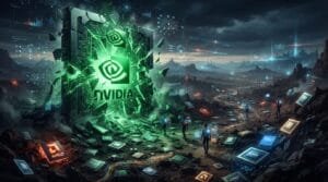 A large, glowing Nvidia logo shatters through a digital landscape filled with scattered AMD, Intel, and TPU chips under a cloudy, high-tech sky.