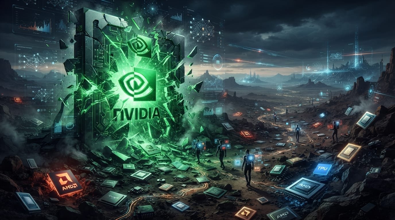 A large, glowing Nvidia logo shatters through a digital landscape filled with scattered AMD, Intel, and TPU chips under a cloudy, high-tech sky.