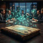 A group of businesspeople in a dark office meets at a table with a large contract and digital data graphics hovering above it.