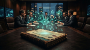 A group of businesspeople in a dark office meets at a table with a large contract and digital data graphics hovering above it.