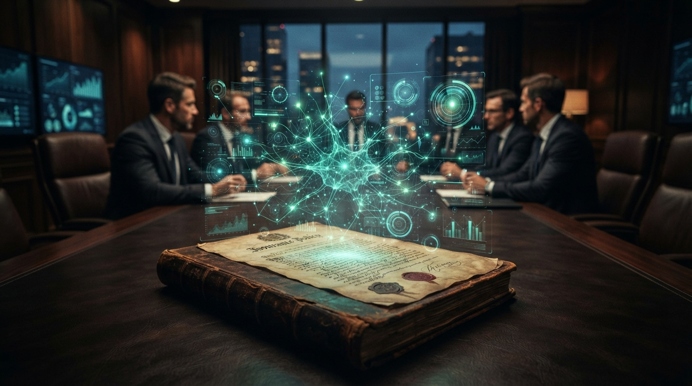 A group of businesspeople in a dark office meets at a table with a large contract and digital data graphics hovering above it.