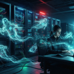 A woman works on a laptop in a server room as ghostly digital figures float around her, symbolizing data or cybersecurity threats.