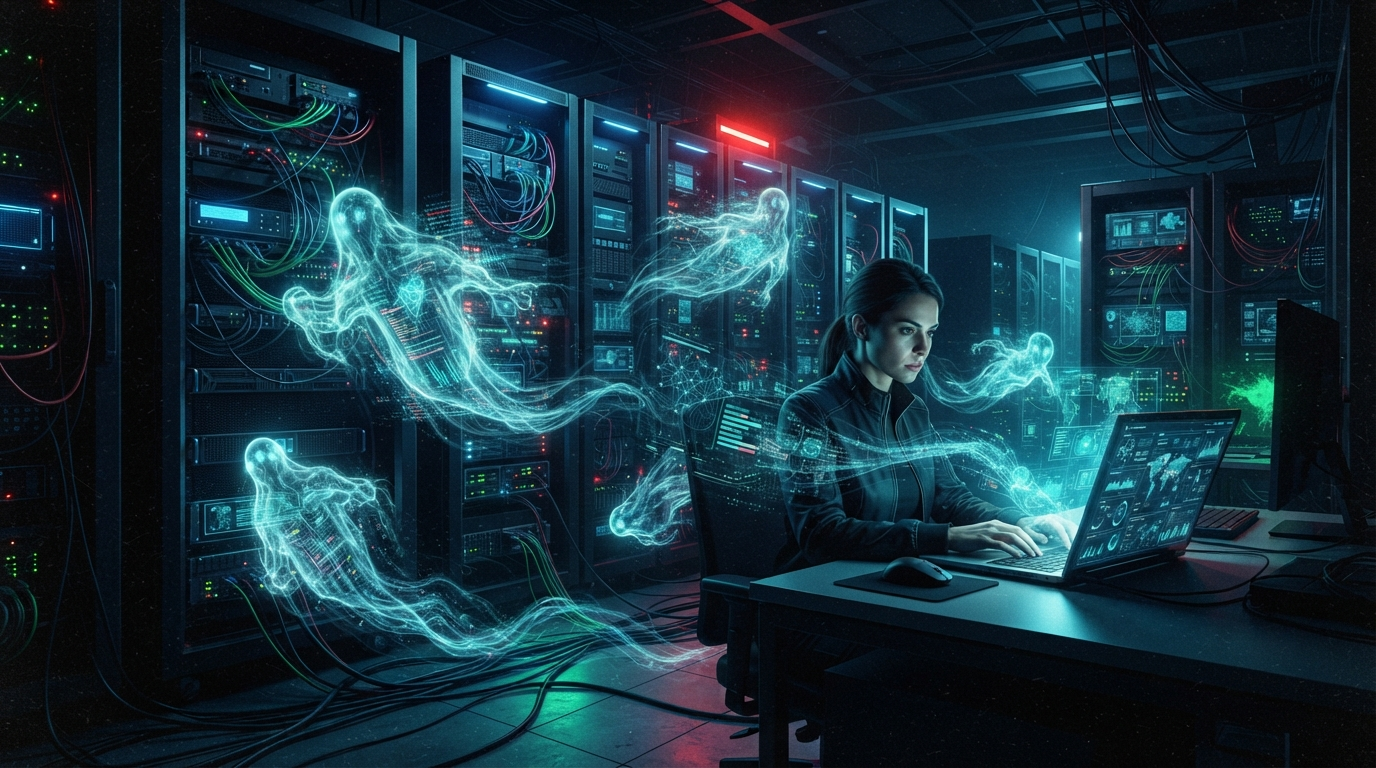 A woman works on a laptop in a server room as ghostly digital figures float around her, symbolizing data or cybersecurity threats.