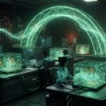 People work at desks with futuristic holographic screens and digital interfaces in a high-tech control room, connected by green data streams.