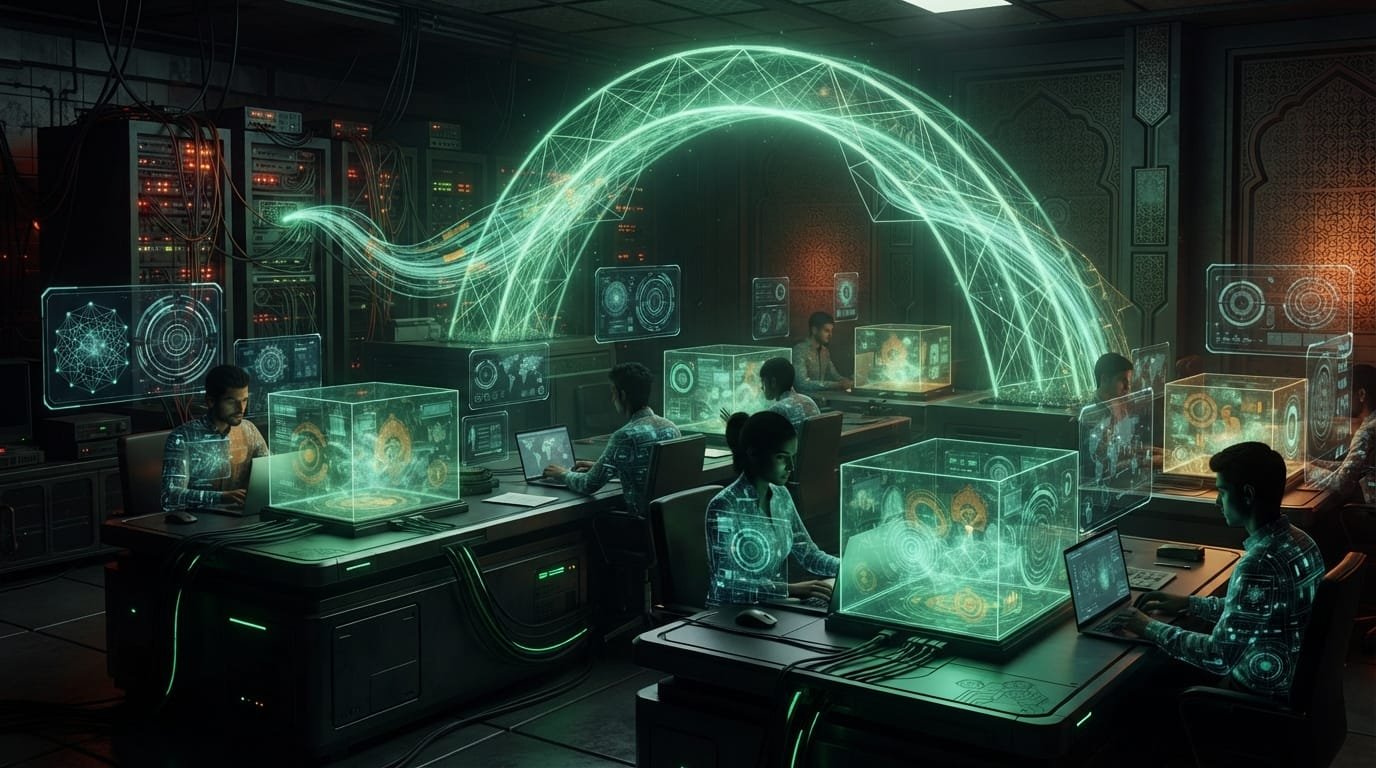 People work at desks with futuristic holographic screens and digital interfaces in a high-tech control room, connected by green data streams.