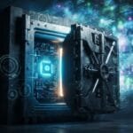A large metal vault with an open door reveals digital circuitry inside, emitting glowing lights and data streams that represent digital security and technology.