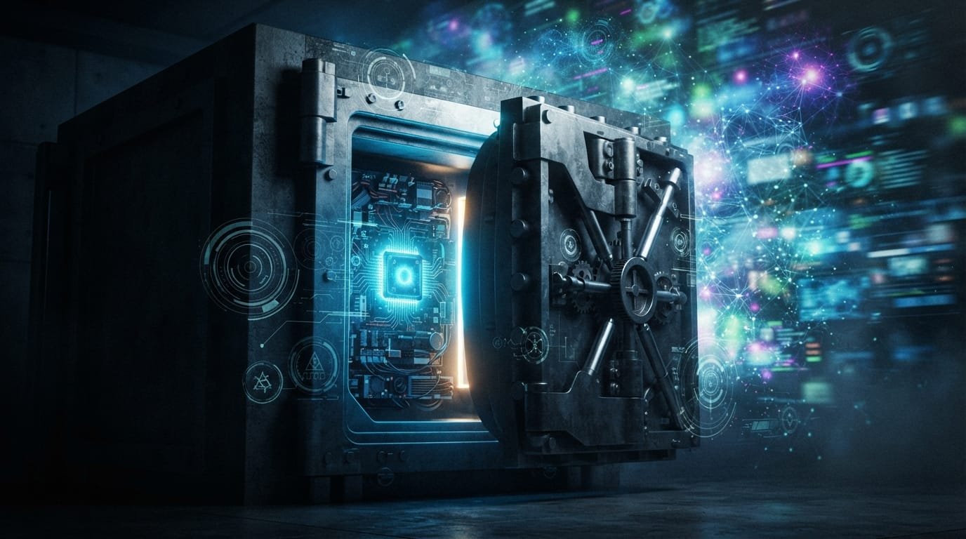 A large metal vault with an open door reveals digital circuitry inside, emitting glowing lights and data streams that represent digital security and technology.