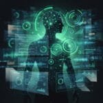 A human silhouette with digital data, charts, and neural network graphics overlaying the body, representing artificial intelligence and technology integration.