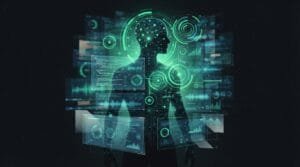 A human silhouette with digital data, charts, and neural network graphics overlaying the body, representing artificial intelligence and technology integration.