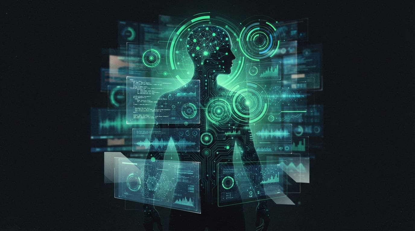 A human silhouette with digital data, charts, and neural network graphics overlaying the body, representing artificial intelligence and technology integration.