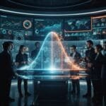 A group of people stands around a digital table displaying a glowing data visualization, surrounded by screens showing charts, graphs, and world maps in a high-tech control room.