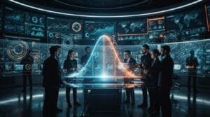 A group of people stands around a digital table displaying a glowing data visualization, surrounded by screens showing charts, graphs, and world maps in a high-tech control room.