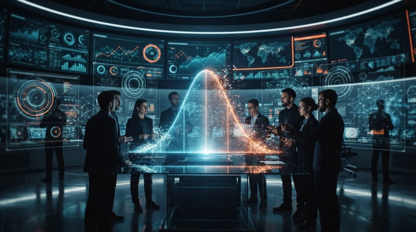 A group of people stands around a digital table displaying a glowing data visualization, surrounded by screens showing charts, graphs, and world maps in a high-tech control room.