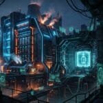 Futuristic industrial facility with glowing blue and orange lights, digital holo-screens, and people working on elevated walkways in a cyberpunk cityscape at dusk.