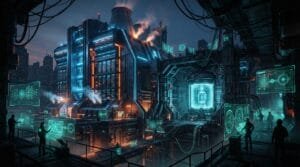 Futuristic industrial facility with glowing blue and orange lights, digital holo-screens, and people working on elevated walkways in a cyberpunk cityscape at dusk.