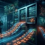People work near servers with glowing data streams and digital symbols flowing between racks, depicting an advanced technology or data processing environment.