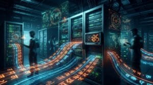 People work near servers with glowing data streams and digital symbols flowing between racks, depicting an advanced technology or data processing environment.