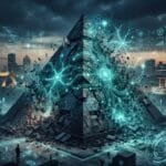 A futuristic pyramid surrounded by digital holograms and circuitry is crumbling in a modern cityscape at dusk, with people observing the scene.