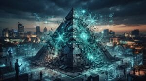 A futuristic pyramid surrounded by digital holograms and circuitry is crumbling in a modern cityscape at dusk, with people observing the scene.