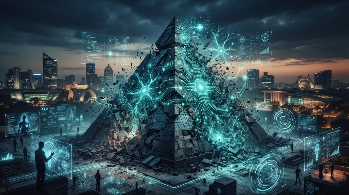 A futuristic pyramid surrounded by digital holograms and circuitry is crumbling in a modern cityscape at dusk, with people observing the scene.