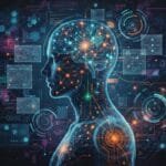 Digital illustration of a human profile with neural networks and data visualizations, representing artificial intelligence and brain-computer technology.