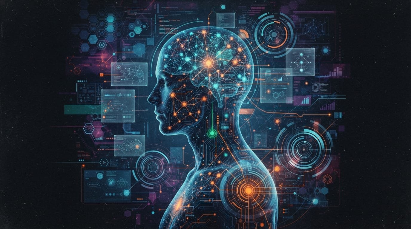 Digital illustration of a human profile with neural networks and data visualizations, representing artificial intelligence and brain-computer technology.