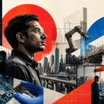 A man in safety glasses looks ahead, surrounded by images of microchips, a robotic arm, city buildings, and two people discussing technology, symbolizing innovation in engineering.