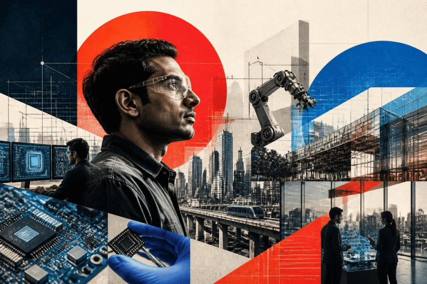 A man in safety glasses looks ahead, surrounded by images of microchips, a robotic arm, city buildings, and two people discussing technology, symbolizing innovation in engineering.