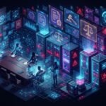 People at a conference table surrounded by digital screens and data visualizations depicting legal and security icons in a high-tech, futuristic setting.