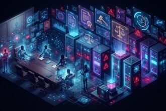 People at a conference table surrounded by digital screens and data visualizations depicting legal and security icons in a high-tech, futuristic setting.