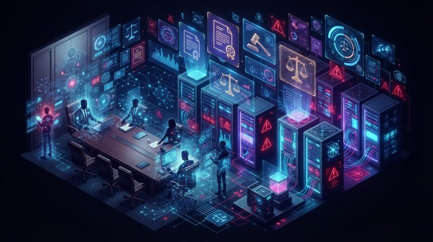 People at a conference table surrounded by digital screens and data visualizations depicting legal and security icons in a high-tech, futuristic setting.
