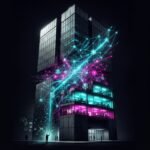 A modern glass building at night with glowing blue and pink digital lines connecting its floors, two people stand outside.