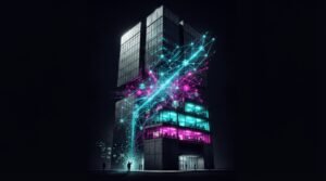 A modern glass building at night with glowing blue and pink digital lines connecting its floors, two people stand outside.
