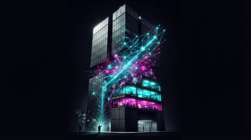 A modern glass building at night with glowing blue and pink digital lines connecting its floors, two people stand outside.