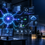 A person sits at a desk with multiple monitors, observing a digital network interface displaying data visualizations and cloud computing icons in a modern office at night.