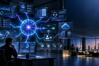 A person sits at a desk with multiple monitors, observing a digital network interface displaying data visualizations and cloud computing icons in a modern office at night.