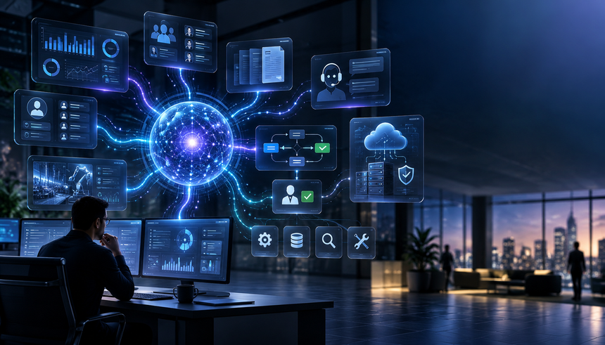 A person sits at a desk with multiple monitors, observing a digital network interface displaying data visualizations and cloud computing icons in a modern office at night.