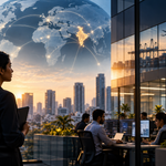 A businesswoman overlooks a city skyline with office workers inside, global connections map overlay, and images of trade and aviation reflect international business and logistics.