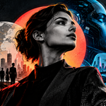 A woman stands in the foreground, representing a visionary one-person company; futuristic cityscapes, technology, a robotic face, and digital elements fill the background.