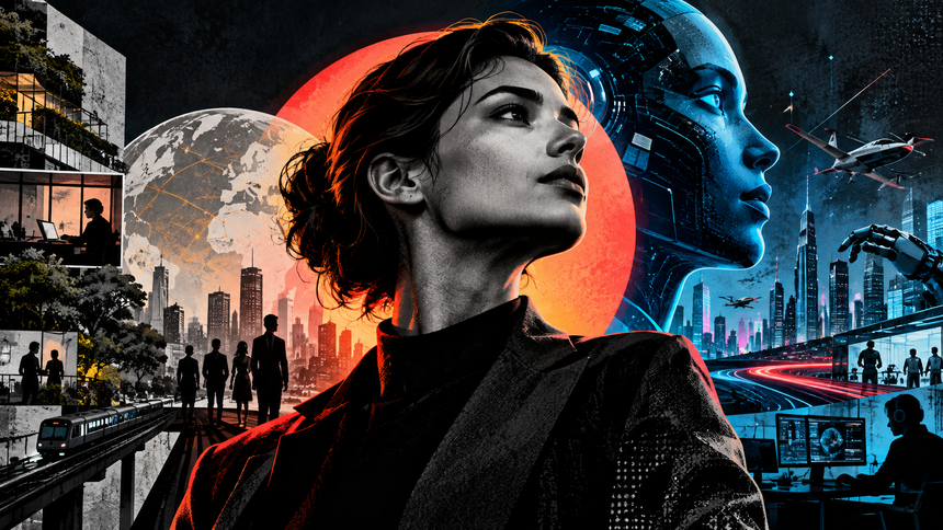 A woman stands in the foreground, representing a visionary one-person company; futuristic cityscapes, technology, a robotic face, and digital elements fill the background.