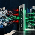 Abstract illustration of data and documents flowing through a digital security checkpoint, where LLM hallucinations in finance are filtered out, transforming the information into organized financial insights with icons, charts, coins, and a government building.