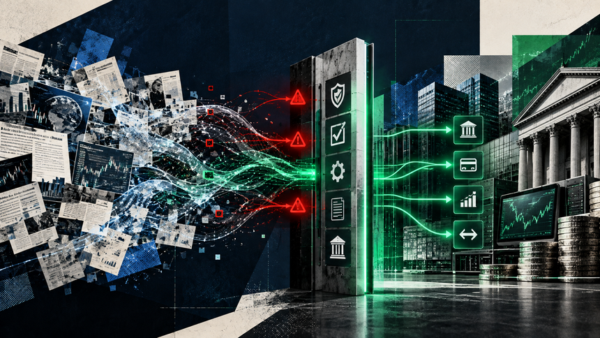 Abstract illustration of data and documents flowing through a digital security checkpoint, where LLM hallucinations in finance are filtered out, transforming the information into organized financial insights with icons, charts, coins, and a government building.